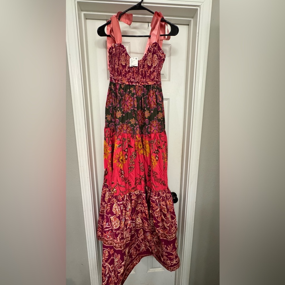 FREE PEOPLE | Maxi Dress with Ribbon Straps - Floral Magenta Combo | XS - Picture 2 of 5